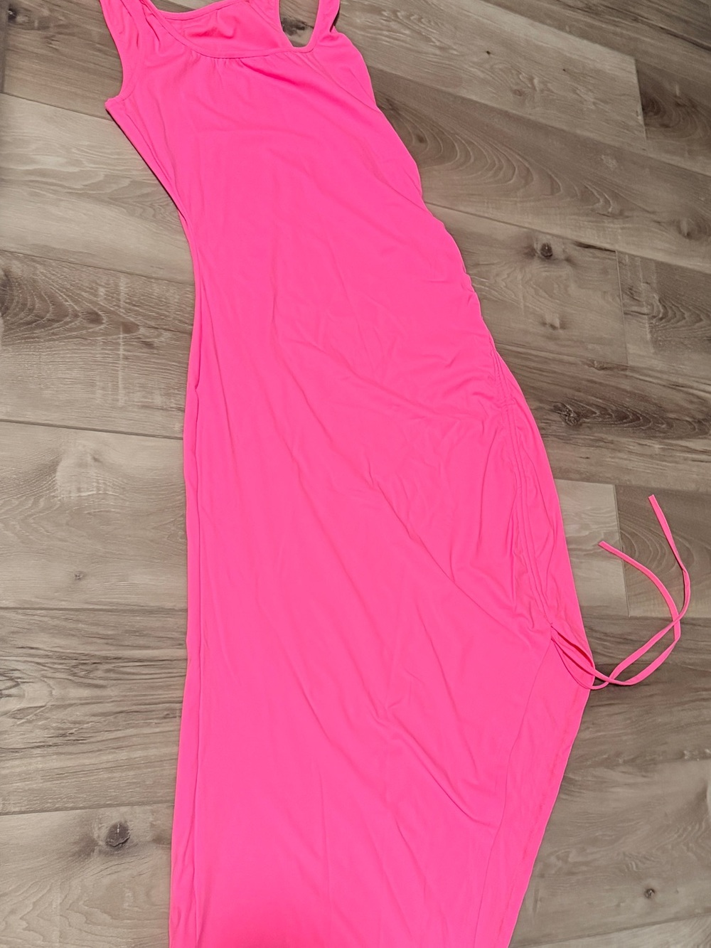 Sleeveless Ruched Asymmetric Midi Dress in Neon Pink Size Large - Picture 2 of 2